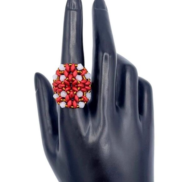 Velvet Red with Bronze and Opal White Crystal Beaded Statement Ring Size 9 - Picture 7 of 8